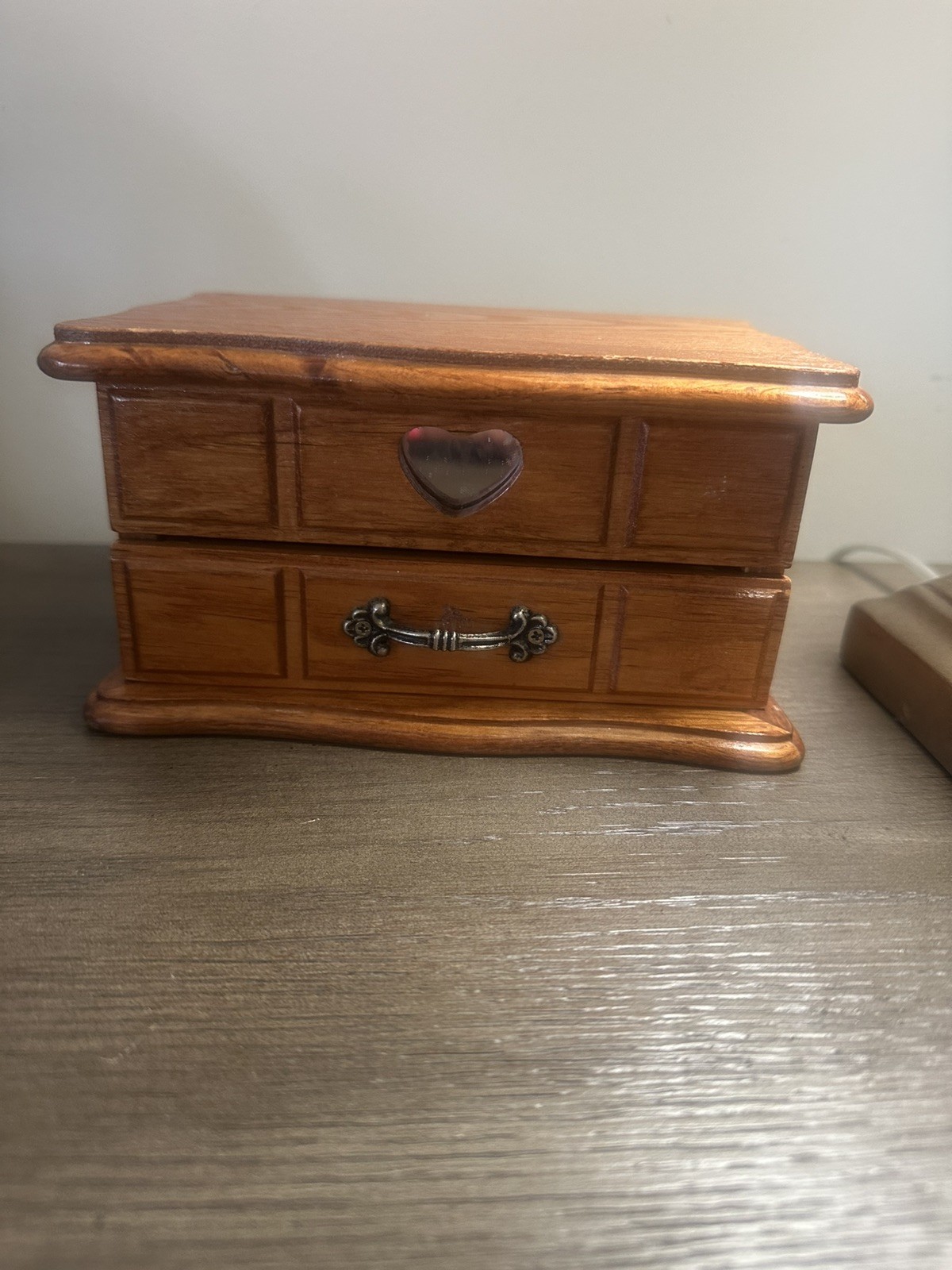 Vintage Small  Wooden Jewelry Box With Drawer, Heart Mirror, Green Felt Lining