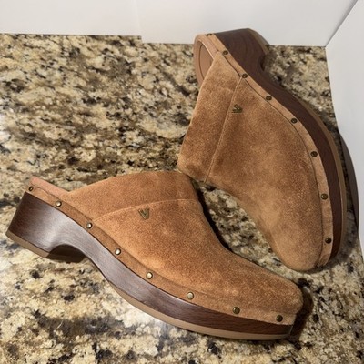 Vionic Kacie Brown Leather Suede Slip On Clogs Womens Size 9