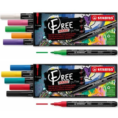 Acrylmarker - STABILO FREE Acrylic - T100 Rundspitze 1-2mm 5er farblich sortiert