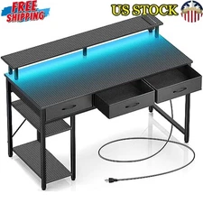 47" Home Office Writing Desk Computer Desk w/Power Outlets & LED Light 3 Drawer