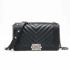 Authentic CHANEL Boy V Stitch Chevron Shoulder Chain Bag Black Calfskin
