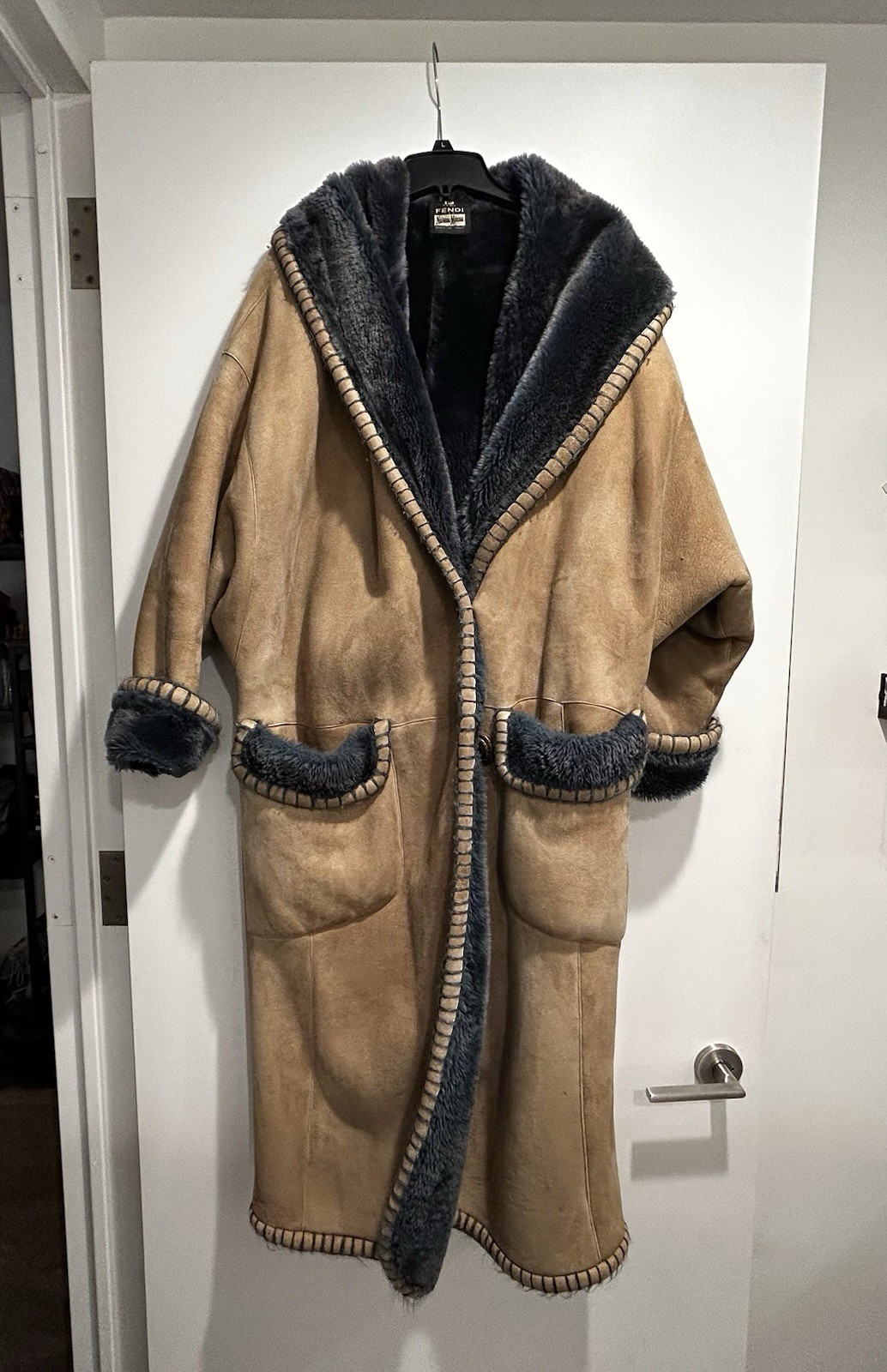 Fendi for Neiman Marcus Merino Lined Coat Tan/Teal Women's M-L