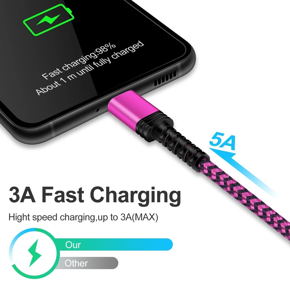 USB A to Type C Cable 3A 66W Fast Charger Braided Long USB C Lead 0.25M 1M 2M 3M - Image 2 of 4