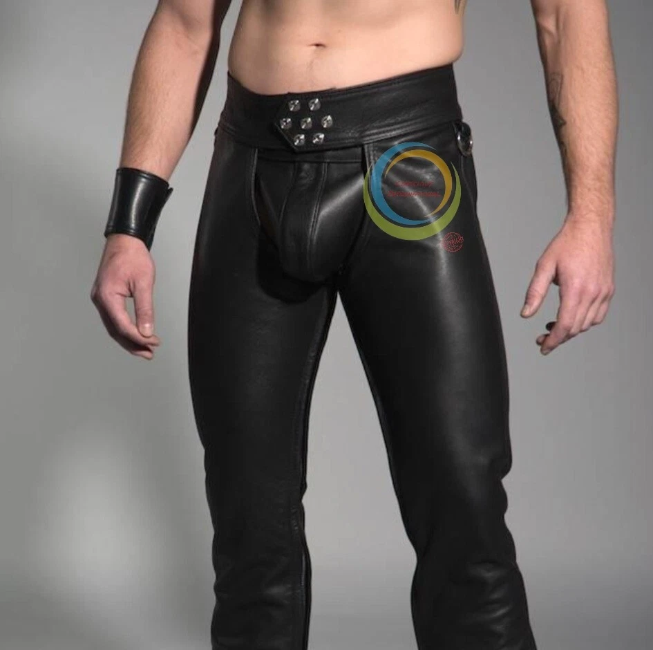 Men s Leather Gay Chaps Buckles Pant Full Zipper Jocks Strep Open Back Chaps