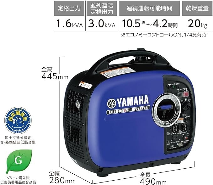 YAMAHA EF1600iS 1.6kVA Portable Gasoline Soundproof Inverter