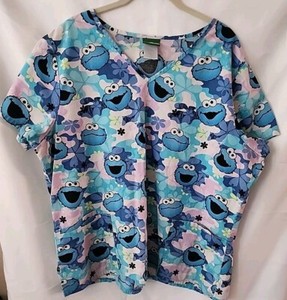 SESAME STREET Women’s Medical Scrub Top COOKIE MONSTER Size XL