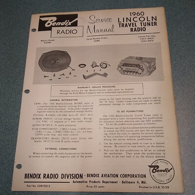 BENDIX Radio Manual 1960 Lincoln Travel Tuner