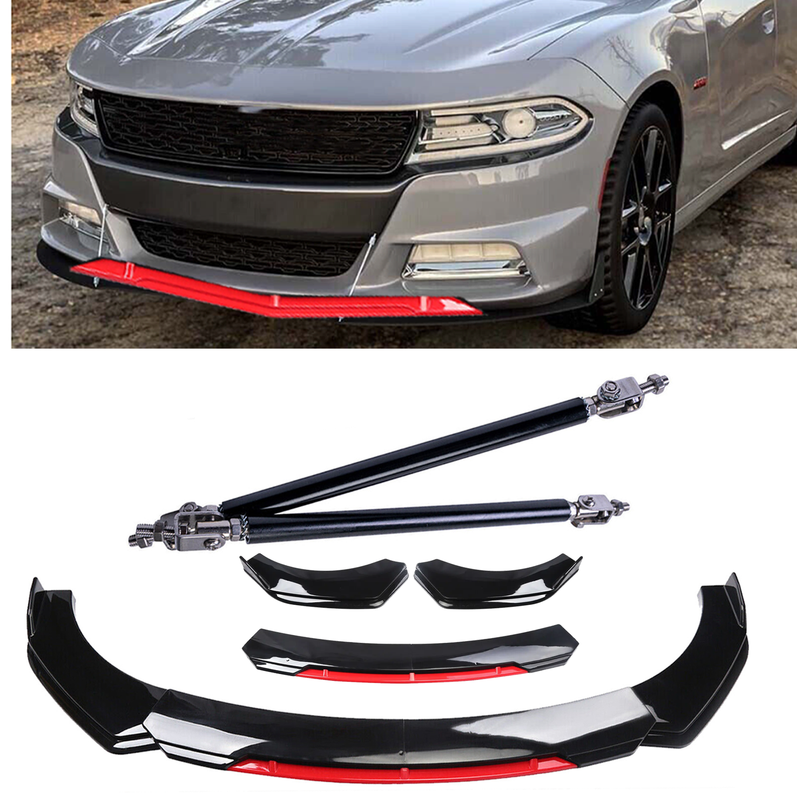 Dodge Charger SRT RT SXT Glossy Front Bumper Lip Chin Splitter with Strut Rods