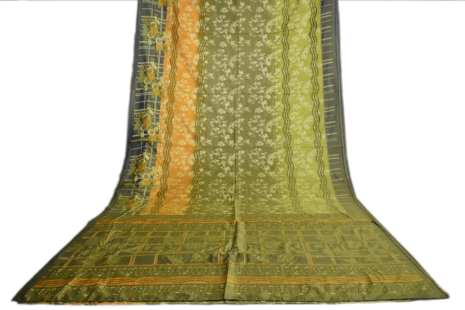 FNC Vintage Green Sarees Sambalpuri Woven Floral Print Art Silk Sari Fabric 5Yd