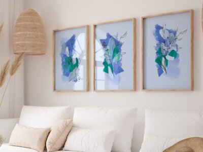Set of 3 Blue Abstract Botanical Modern Wall Art, Home Decor | eBay ...