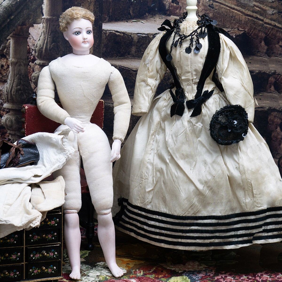 17" ANTIQUE FRENCH FG FASHION DOLL WITH GESLAND BODY AND BISQUE HANDS AND  FEETS