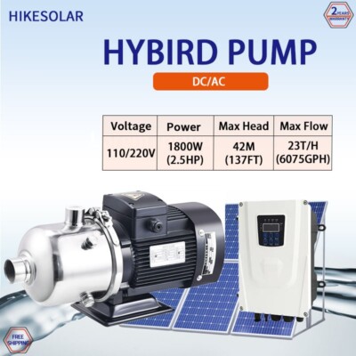 Hybrid Solar Self Prime Pump AC/DC 1800W 2.5HP Max Flow 23T/H SS304 Impeller Kit