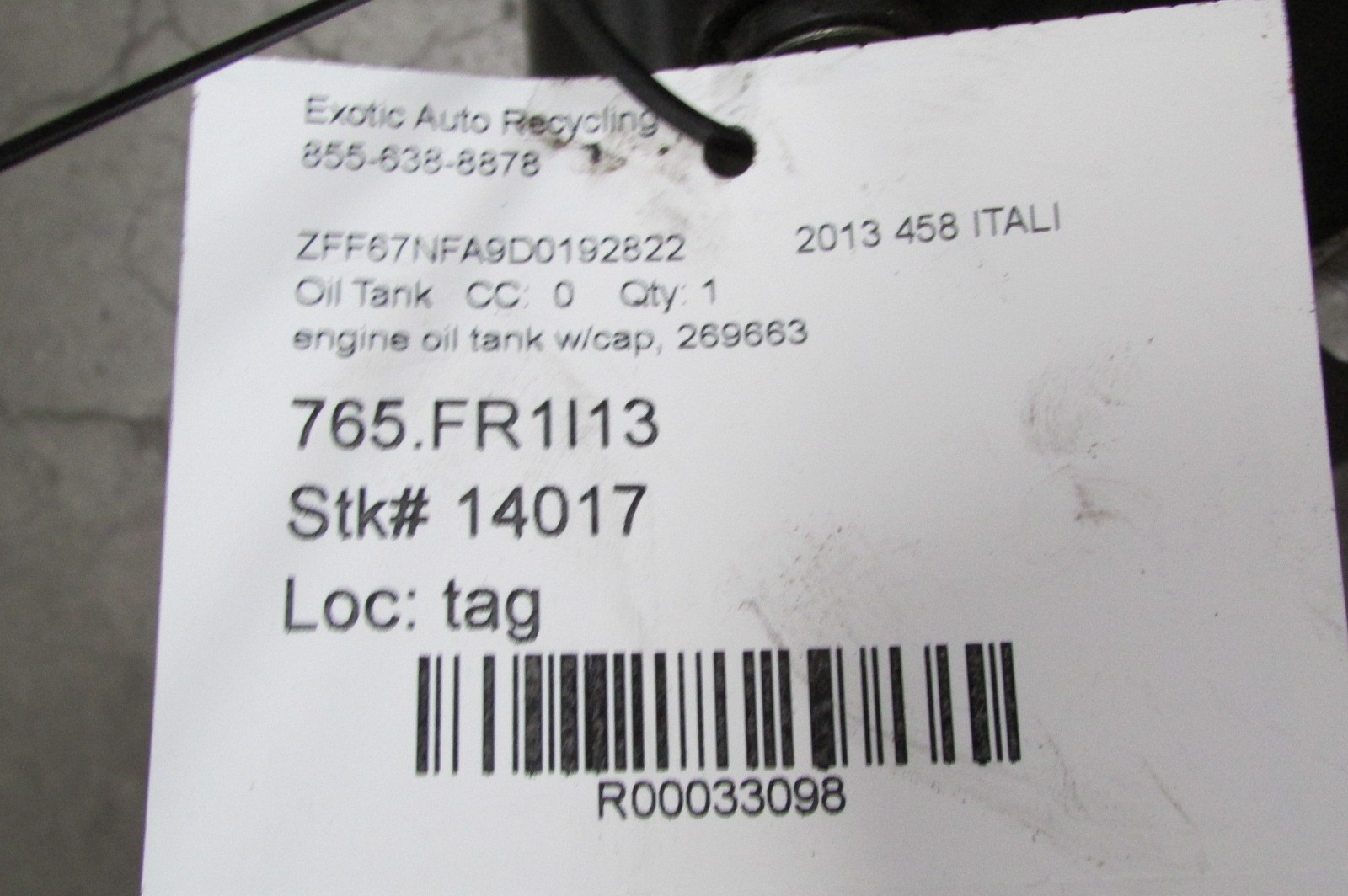 Ferrari 458 Italia, Spyder, Engine Oil Tank/ Reservior, W/ Cap, Used, P/N 269663