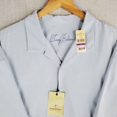 $158 TOMMY BAHAMA Size 2XL Mens 100% Silk Hawaiin Camp Shirt Blue Palms Plaid