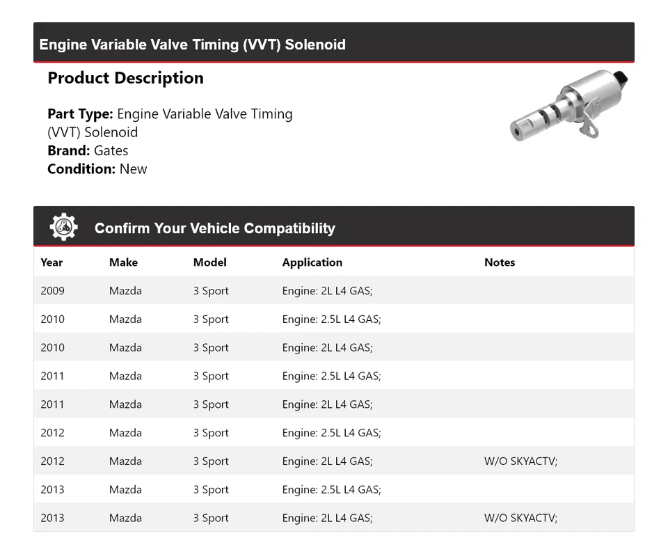 Puertas solenoides de distribución de válvula variable (VVT) con motor deportivo Mazda 3 2009-2013 Foto 2 de 4