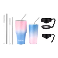 20 oz & 30 oz 2 Pack Stainless Steel Travel Tumbler w/ Lids, Handle & Straws
