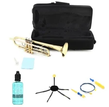 Tromana TR300 Student Bb Trumpet with Stand, Valve Oil, and Brush Set - Clear