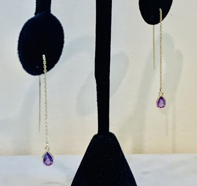 14K massives Gelbgold Träne Tropfen Amethyst Einfädler Ohrhänger