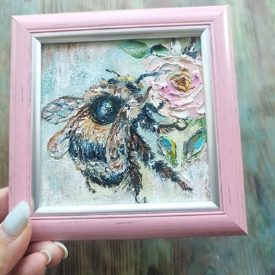 Bumblebee Original Oil Painting Honey Bee Rose Art Miniature Framed  Art 4x4 in