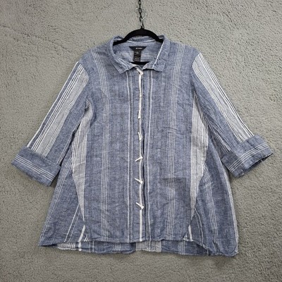 Ali Miles Women's Blouse Sz L Artsy Linen Blend Blue Button Up Wired Collar