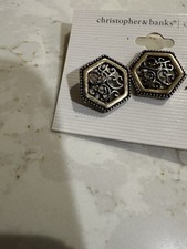 Hexagon Stud Earrings Silver Tone Metal Butterfly Closure