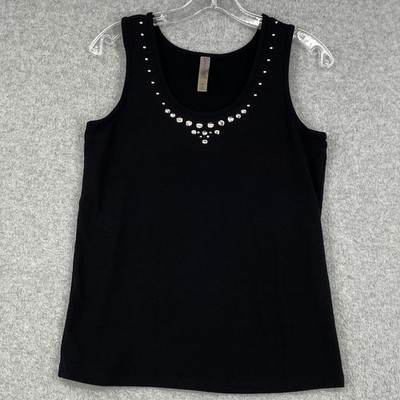 White Stag Tank Top Womens Small Black Studded Rhinestone Scoop Neck Sleeveless