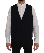 Dolce&Gabbana Men Dark Blue Dress Vest Wool Stretch Striped Slim Waistcoat IT 54
