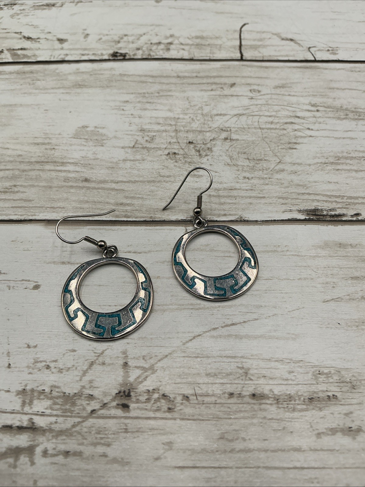 Vintage Silver Tone Turquoise Stone Aztec Inlay Dangle Earrings