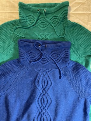 2 - Talbots Cable Knit Funnel Neck Drawstring Sweaters Women Small Green & Blue