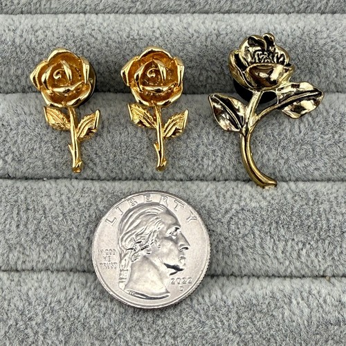 Lot Of 3 Gold Toned Roses Pins Pinbacks #64099