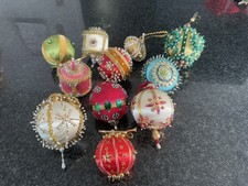 VTG LOT 11 Christmas Ornaments Push Pin Bead Sequin Ribbon Tassel Spun Satin