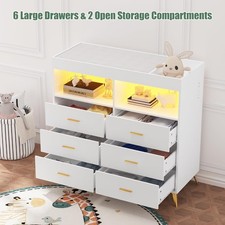 Dresser for Bedroom with 6 Drawers with LED Lights  Charging Station Baby Table