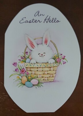 Hallmark Easter greeting card, Bunny in Easter basket, ''An Easter Hello''