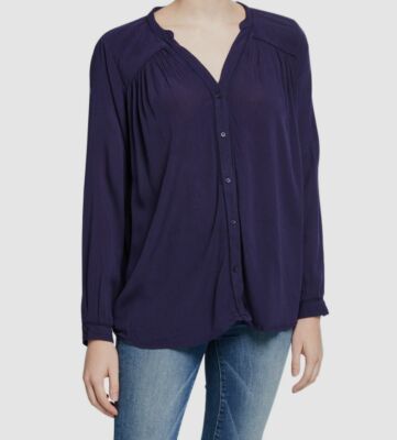$135 Philosophy Women's Blue Split V-Neck Long Sleeve Button Up Blouse Size XS