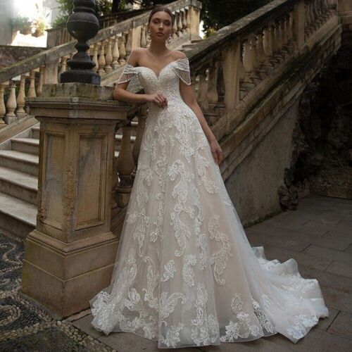 Princess Wedding Dresses Off The Shoulder Lace Applique A Line Gown Sweep Train - Picture 1 of 10