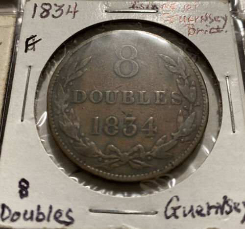 1834 GUERNSEY Island originale tre leoni antico 8 monete doppie F G045010 - Foto 1 di 2