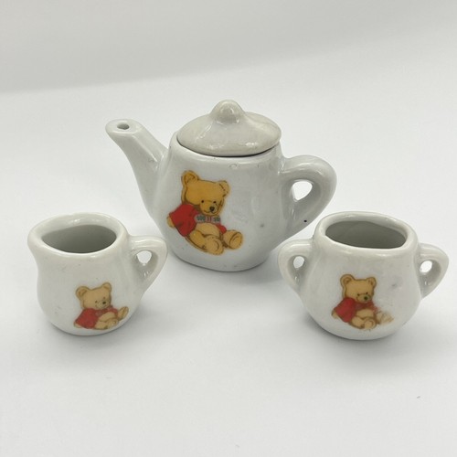 VTG Battat Teddy Bear 7 pc Miniature Porcelain Tea Set Cups Saucers Pot Creamer - Picture 3 of 12
