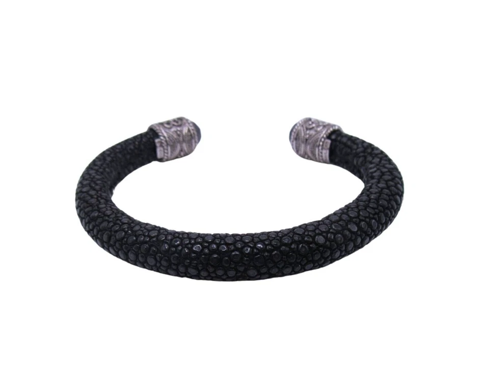 纯银蓝宝石鹅卵石皮革手镯袖口 — 第 3/4 张图片