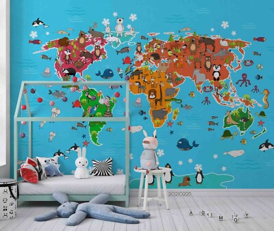 3D Cartoon World Map Wallpaper Wall Mural Removable Self-adhesive 183