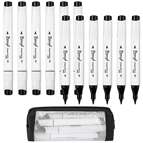 Black Alcohol Markers Set Set of 12 Dual Tip Bullet & Chisel Art Marker Set w...