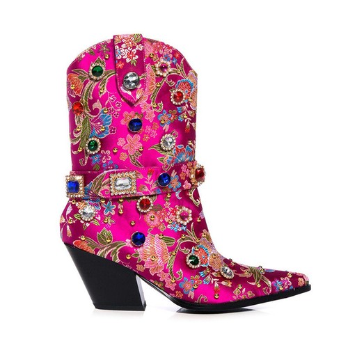 Women's Pointed Toe Side Zipper Embroidered Rhinestone Leather Plus Size Boots - Picture 29 of 30