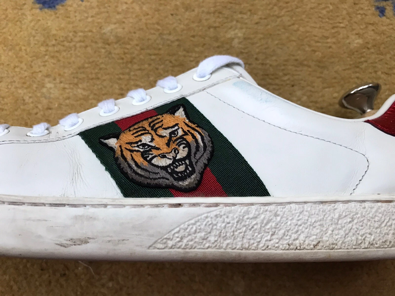 Gucci Ace Baskets Chaussures Tigre Vert Toile Cuir Blanc Homme UK 7 US 8 41