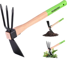 WORKPRO Hoe and Cultivator Garden Rake with 14" Wooden Handle, Sharp Hoe Blade &