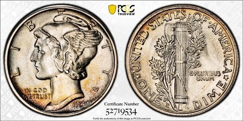 MS65 1944-S 10C Mercury Silver Dime, PCGS Trueview- Lightly Toned