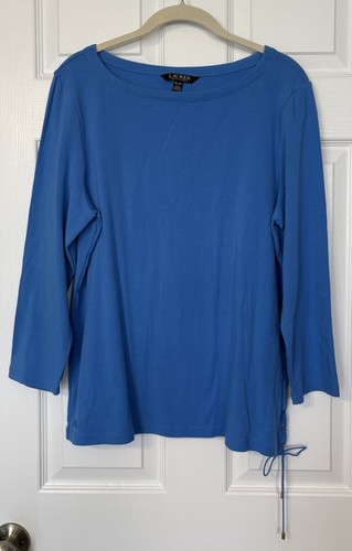 Lauren Ralph Lauren Women’s Blouse Size XL Blue Boat Neck Lace Up Side Nautical - Picture 1 of 9