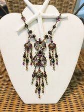 Vintage Victorian Necklace Brass Bib Necklace w/ Multicolor Rhinestones/Crystals