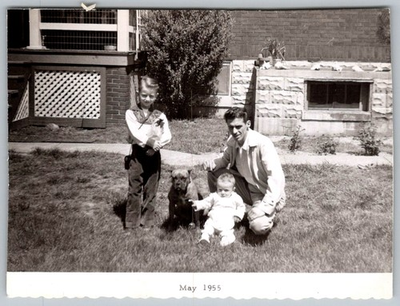 #ad #ad Vtg Bamp;W Snapshot Family Man Boy Baby And Dog On Lawn By Brick House 1955 $7.99