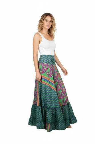 Pine Green Floral Beach Maxi Skirt for Women – Flowy Tiered Ruffle Boho Skirt ML