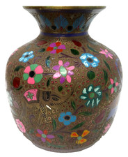 VINTAGE CLOISONNE ENAMEL FLOWERS FLORAL AND ANIMAL ELEPHANT EMBOSSED METAL VASE