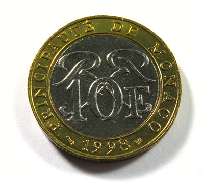 Monaco Aluminum/Bronze and Steel 10 Francs 1998, KM 163